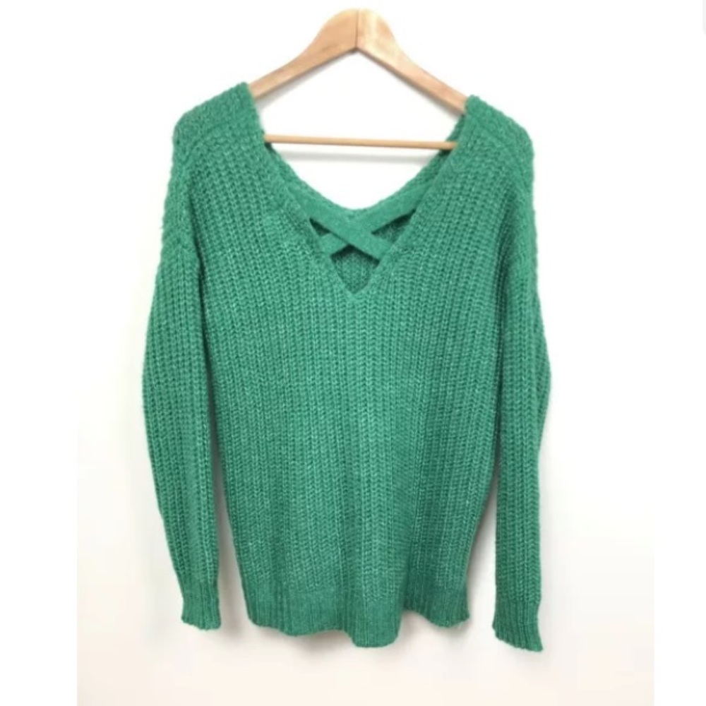 Hippie Rose Womens Sweater Criss Cross Back  S Small Green